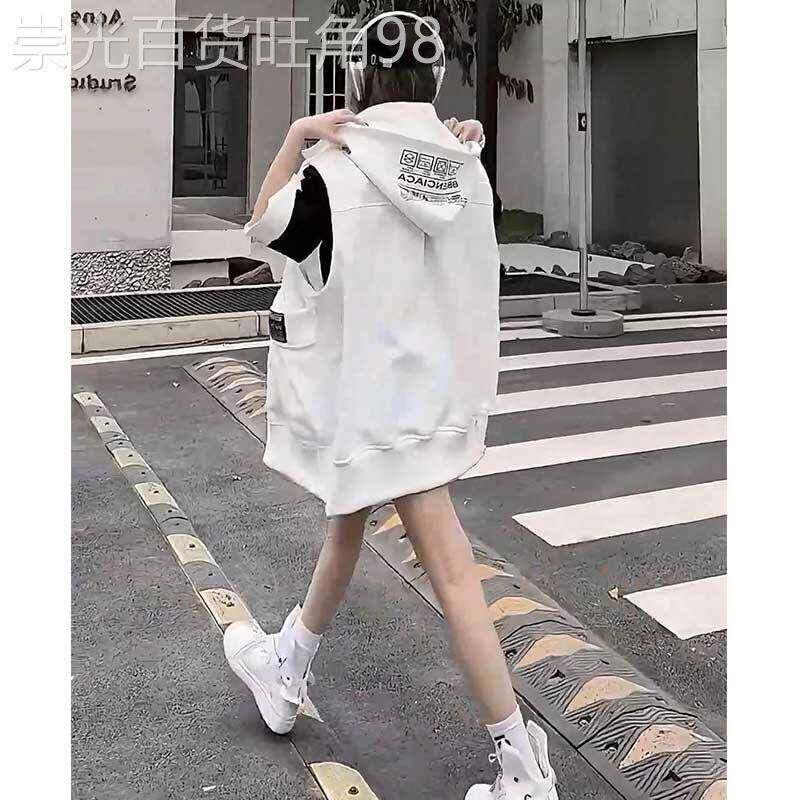 无袖连帽卫衣马甲女春秋2025欧货中长款个性字母印花美式背心外套