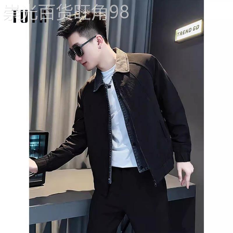 牛仔外套男款春秋季假两件拼接翻领夹克潮牌修身痞帅短款休闲上衣