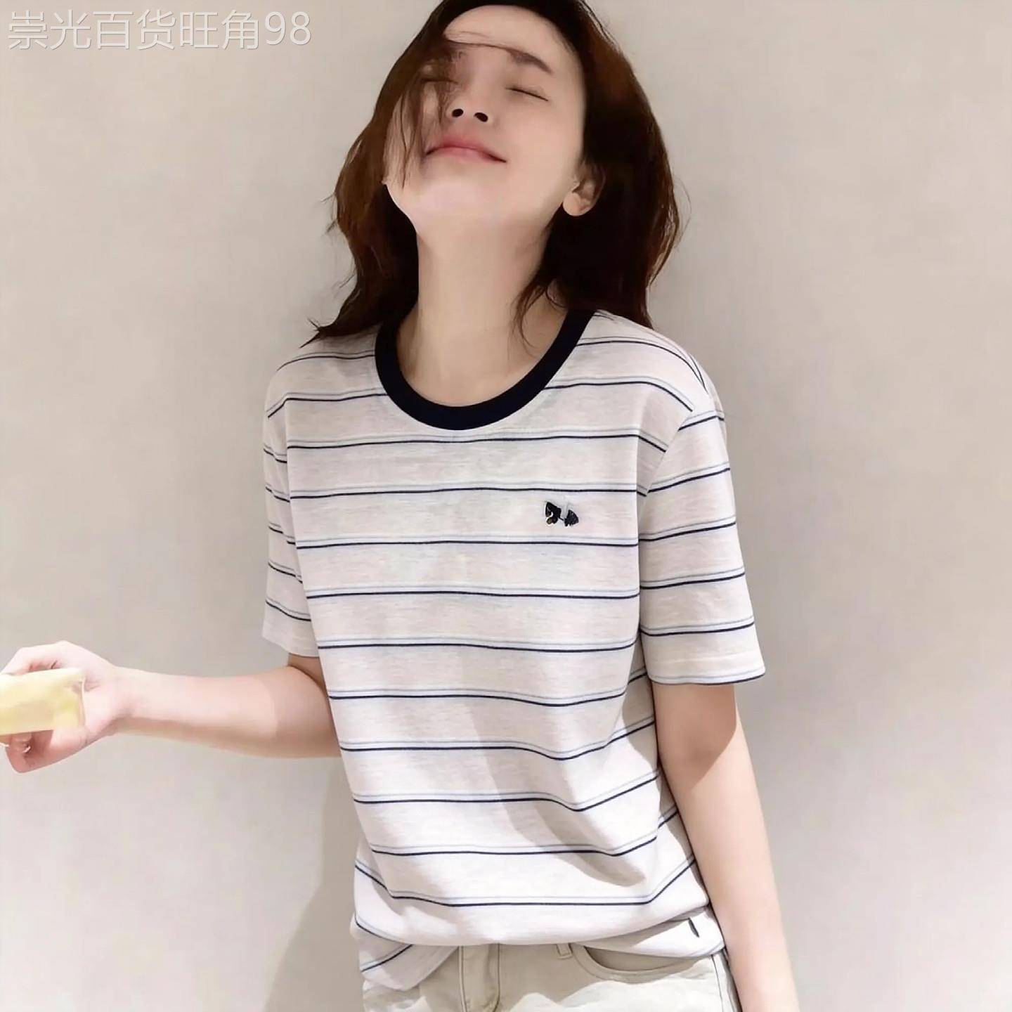 韩国薄款亚麻棉撞色条纹圆领拼接刺绣短袖T恤女透气薄款上衣夏新