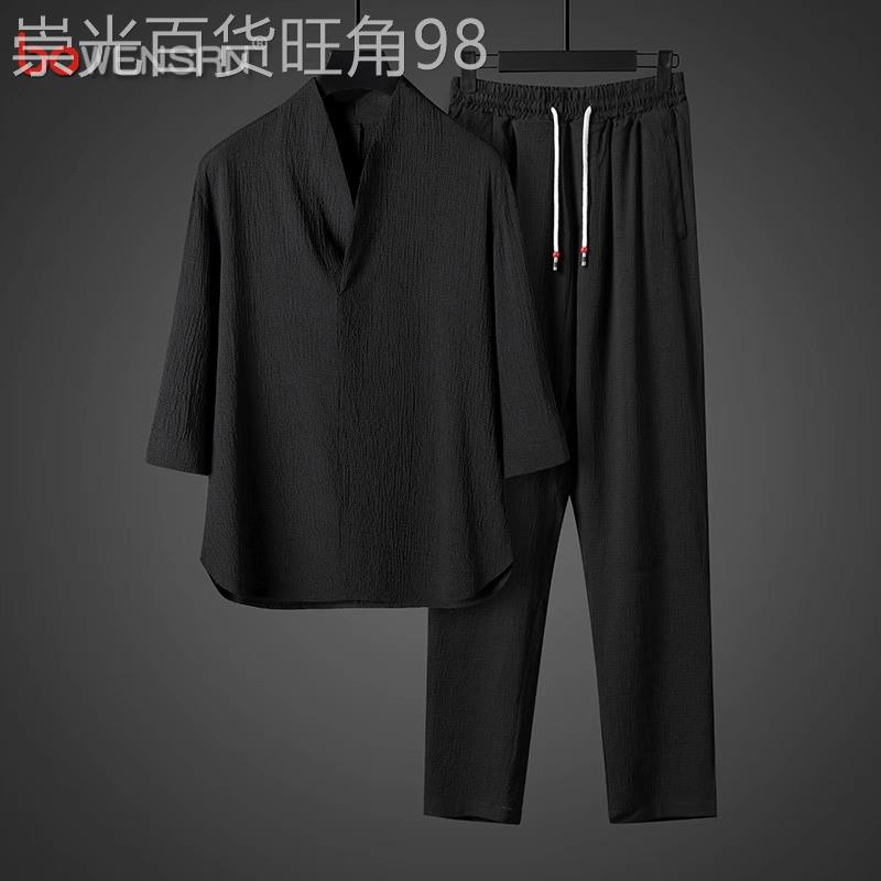 新中式冰丝短袖t恤男士夏季套装2025新款V领国风七分袖汉服男夏装