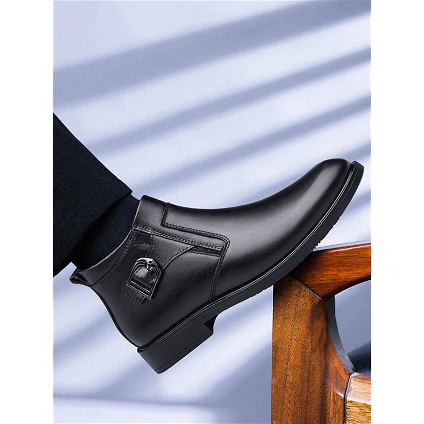 皮鞋男冬季加绒真皮2025新款中帮马丁靴侧拉链棉鞋商务正装短皮靴