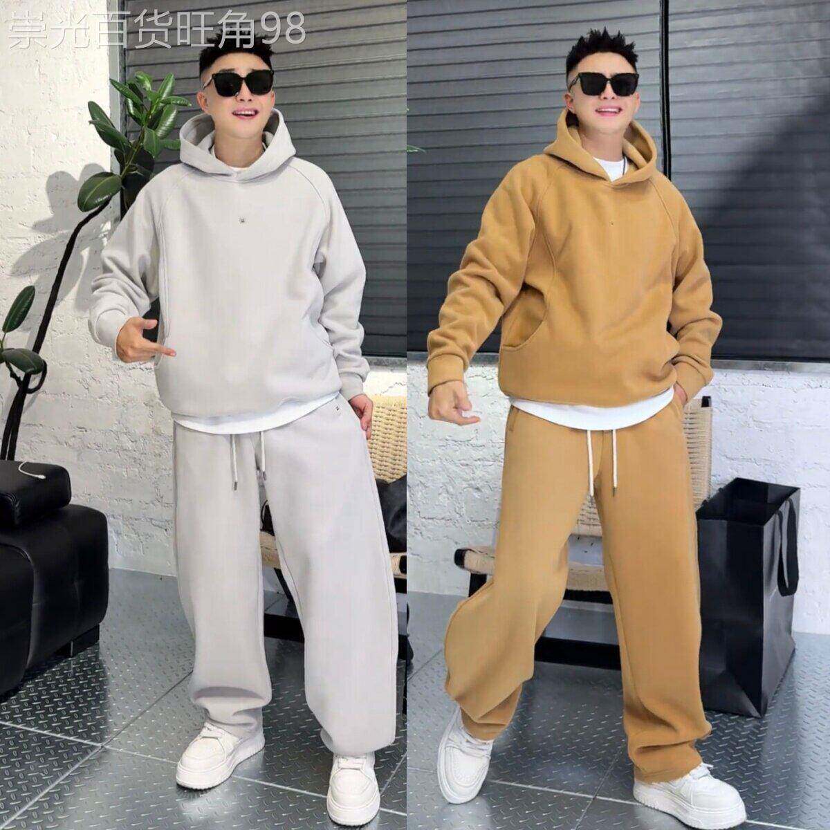 潮牌纯色连帽卫衣卫裤两件整套男士冬季新款加绒加厚休闲运动套装