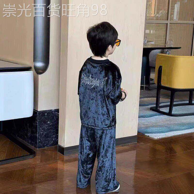 韩国Uamtor夏季男童套装韩版中大童洋气丝绒短袖T恤长裤潮酷穿搭
