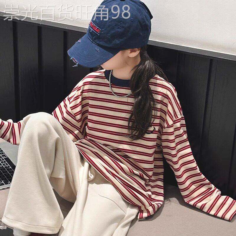 法国BADNUT女童长袖T恤春秋2026新款条纹儿童纯棉中大童打底衫