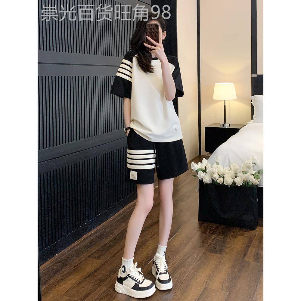 欧洲站时尚休闲 运动套装女夏季2025新款潮阔腿裤小个子短袖两件