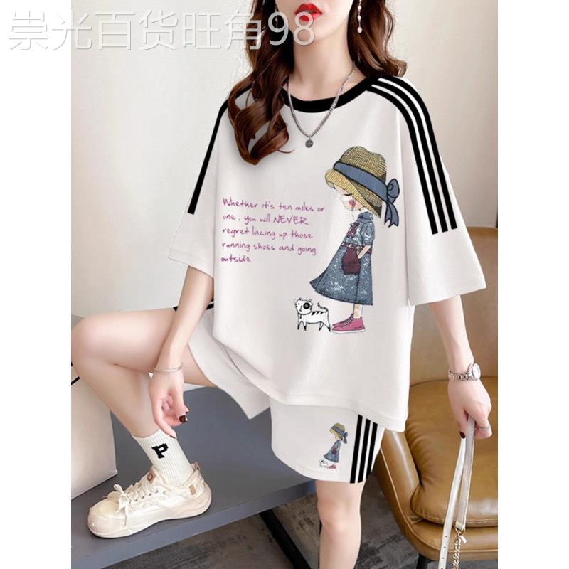 夏季纯棉休闲运动风穿搭一整套时尚设计感大尺码条纹短袖短裤套装