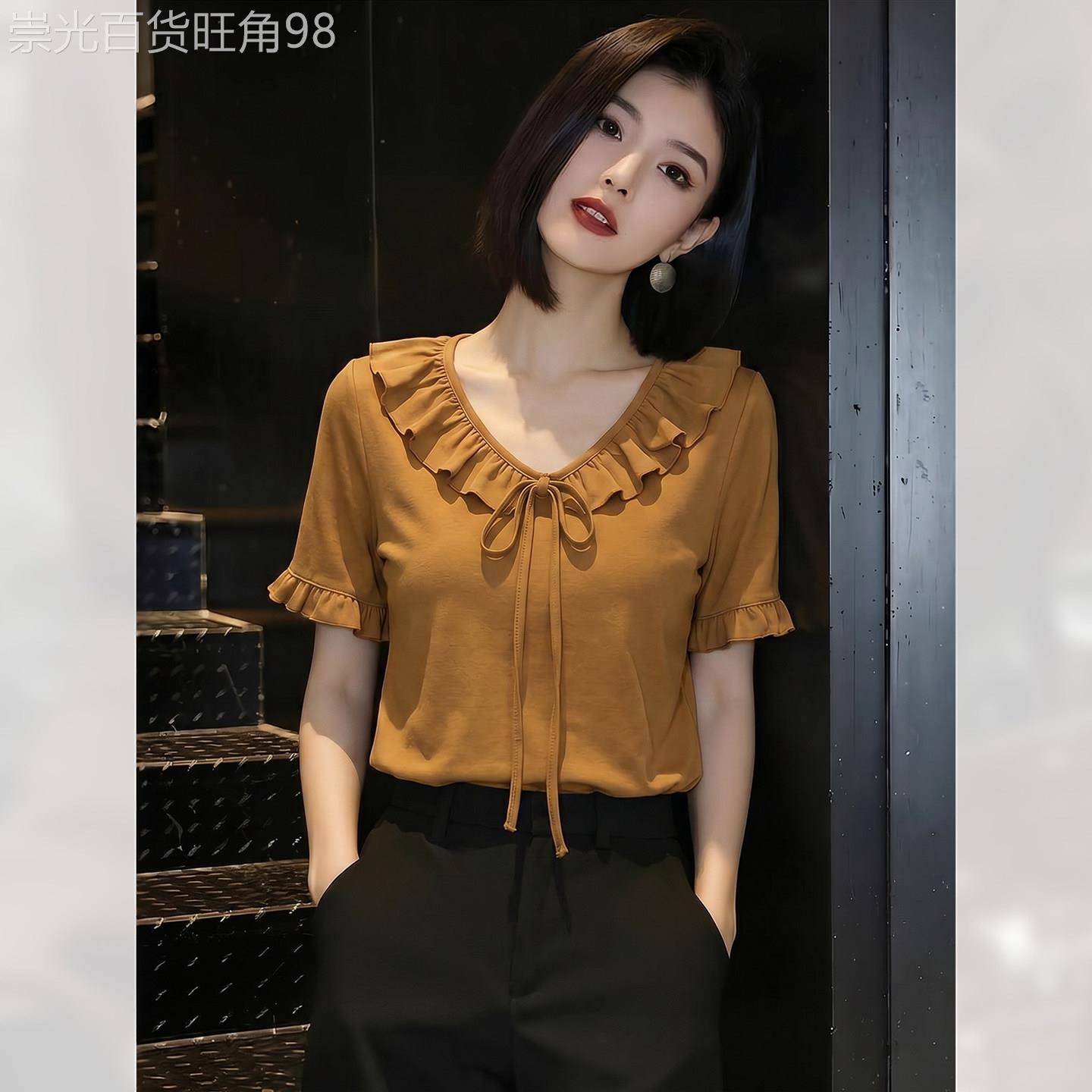 轻薄独特荷叶边显瘦短袖衬衫女夏季2026年新款设计感上衣优雅通勤