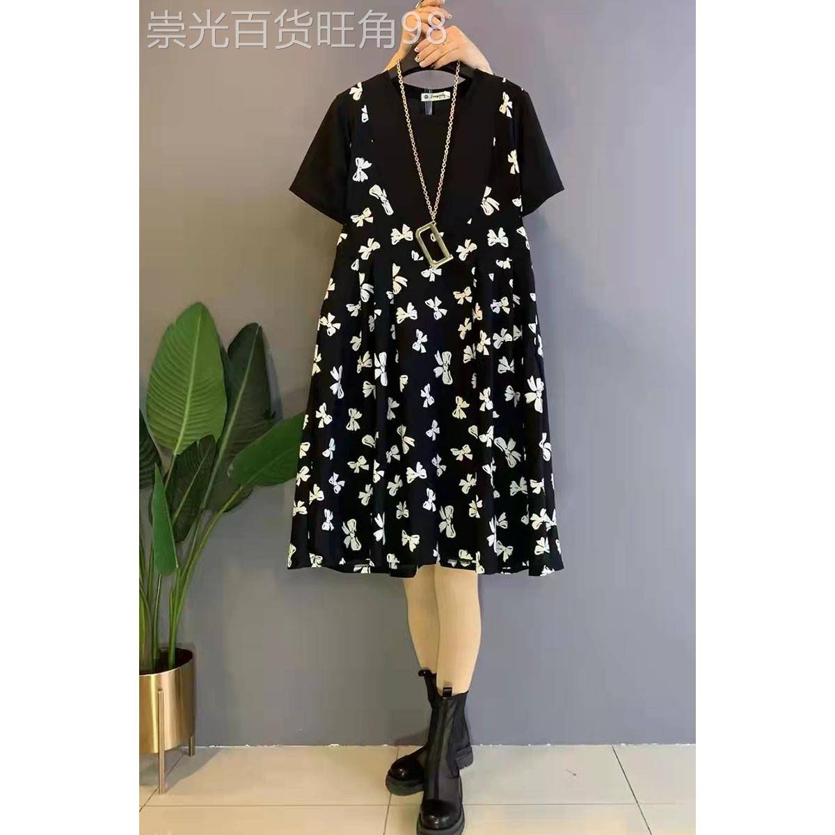 香港大码女装夏季新款气质收腰微胖妹妹遮肚显瘦a字假两件连衣裙