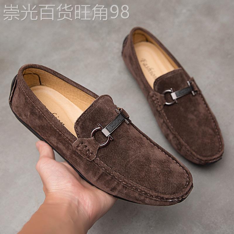 2025夏季新款豆豆鞋男韩版百搭真皮鞋夏季潮流英伦软底磨砂懒人鞋