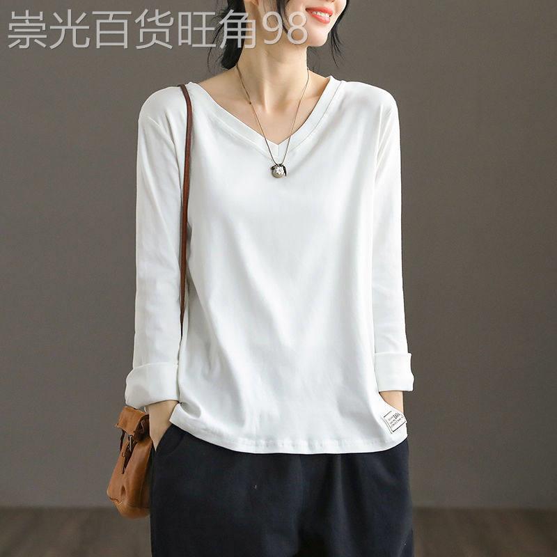 纯棉V领长袖T恤女士2025秋季新款宽松大尺码胖mm遮肚上衣藏肉打底