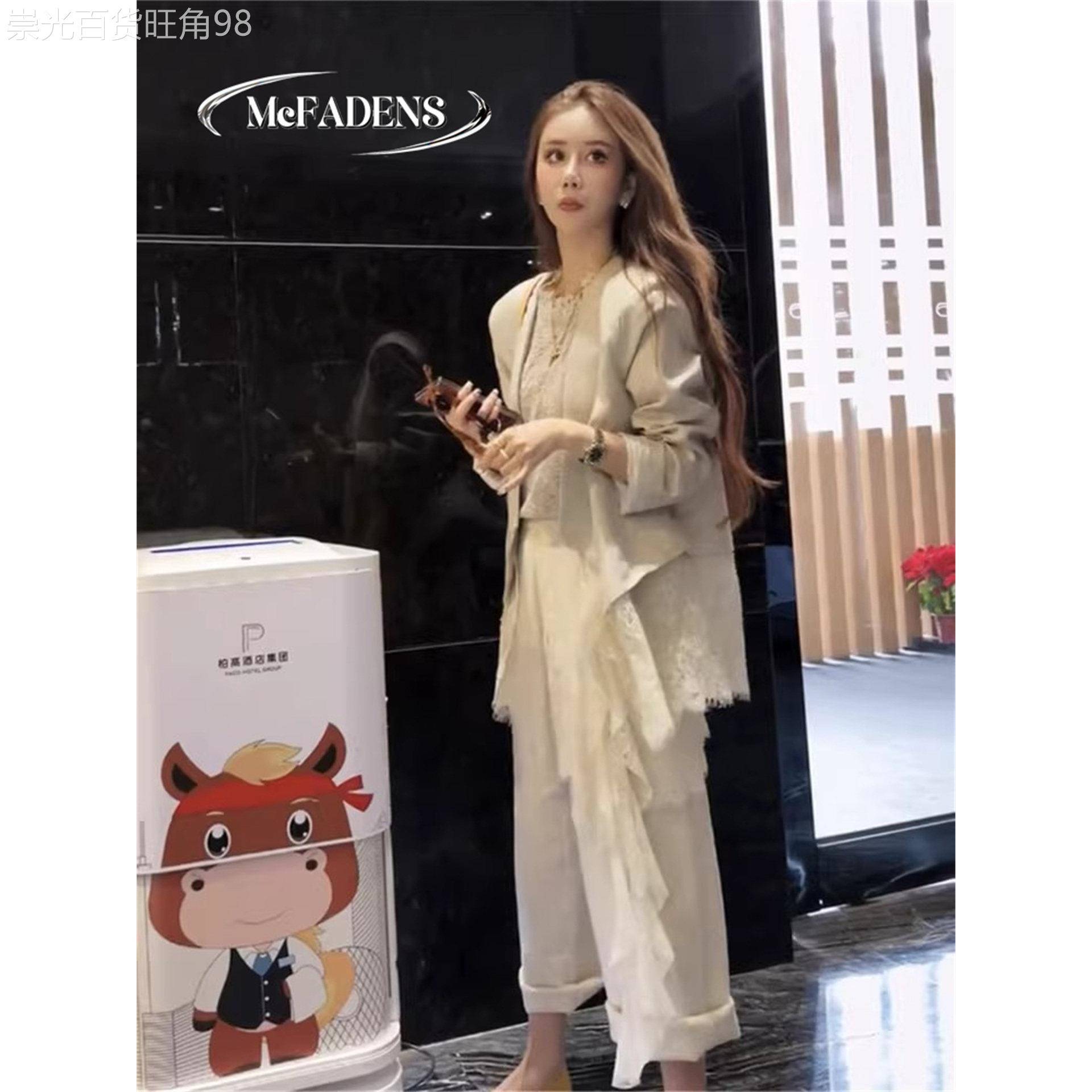 香港2026春季新款高级感职业亚麻拼接蕾丝西服外套阔腿裤两件套女
