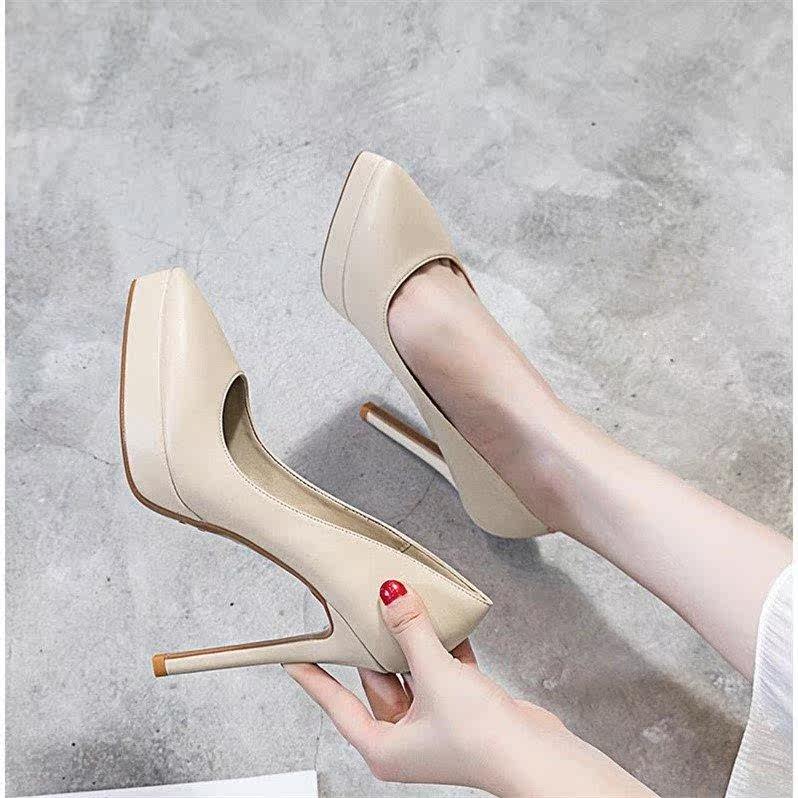 香港代购2025春季新款软真皮裸色防水台高跟女12厘米细跟尖头单鞋