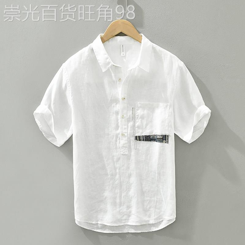 香港夏季薄款亚麻短袖衬衫男宽松透气方领白色麻料中袖休闲衬衣男