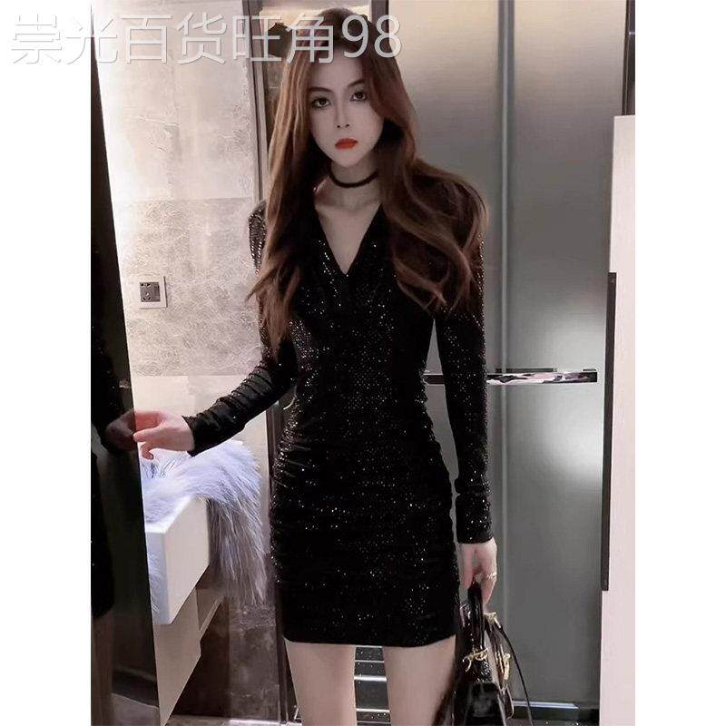 黑色亮片V领连衣裙女春秋季欧货修身性感气质名媛高级感包臀短裙