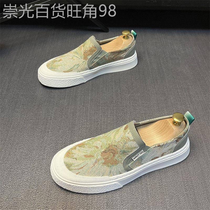潮牌男鞋2026夏季新款透气刺绣帆布鞋男士厚底休闲板鞋一脚蹬潮鞋