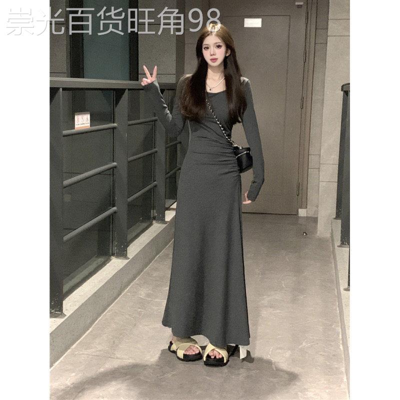 日系春秋高个子加长版垂感圆领长袖洋装女收腰显瘦褶皱开叉长裙