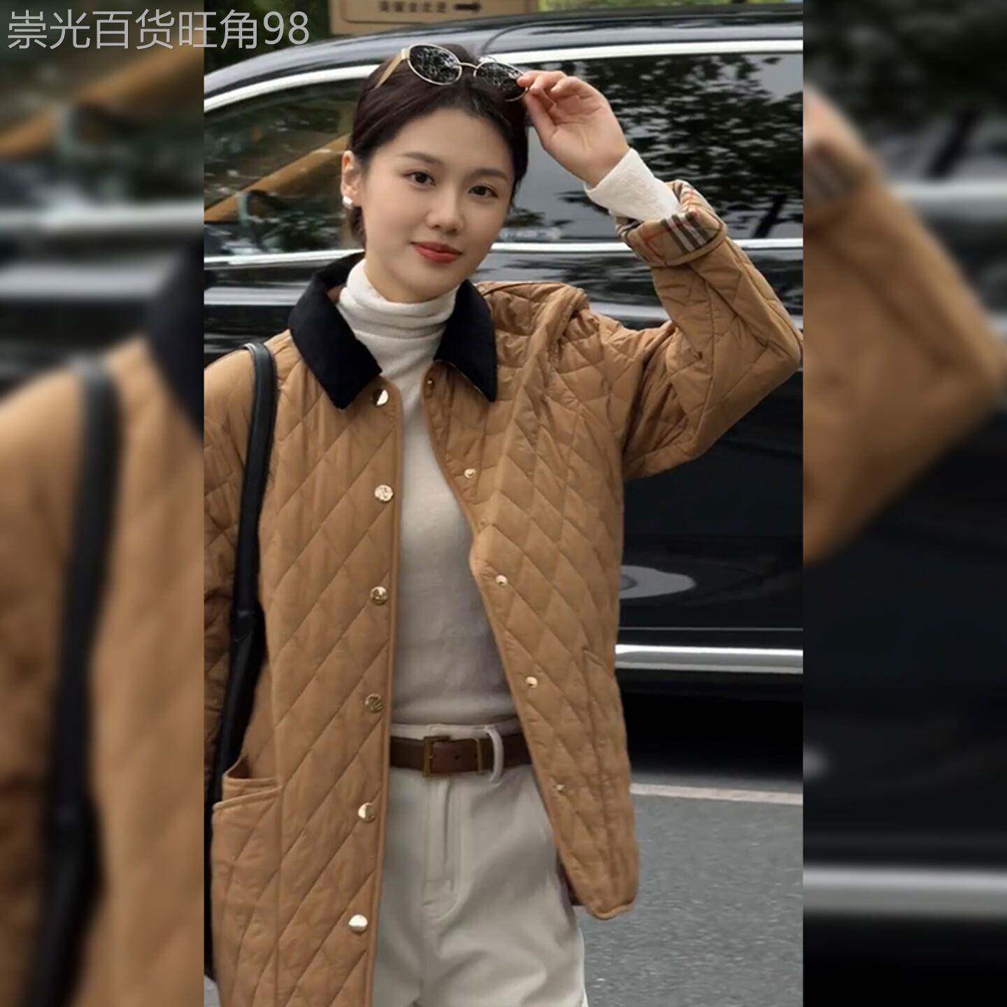 老钱风撞色菱格夹棉外套女2025秋冬季新款宽松百搭保暖棉袄上衣潮