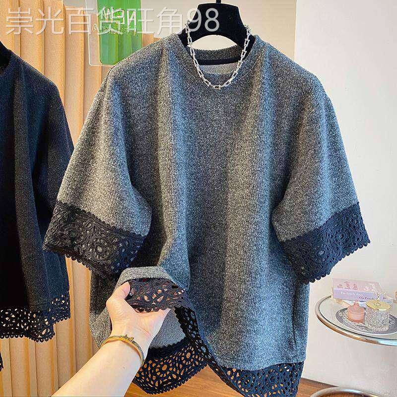 休闲短袖T恤女夏季新款时尚设计感蕾丝拼接显瘦遮肉半袖小衫上衣