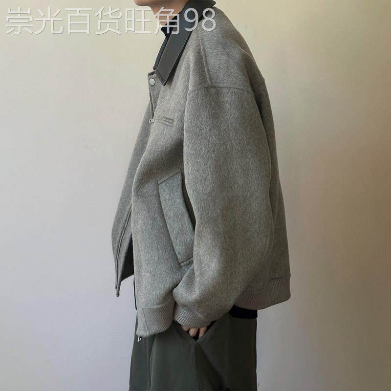 潮牌高级感短款呢子大衣男士秋冬季加厚保暖皮领拼接翻领夹克