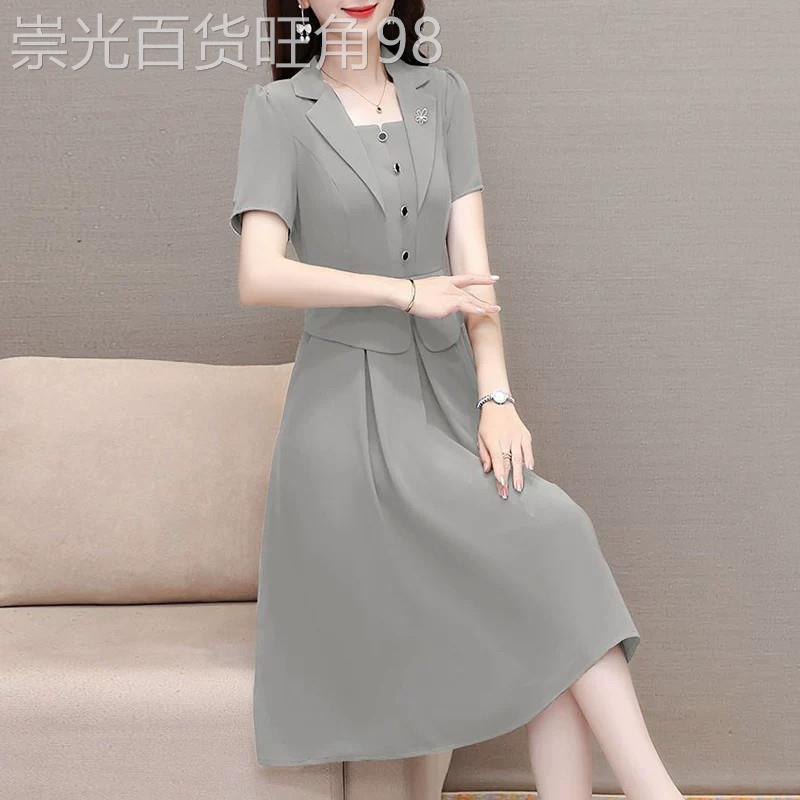 西装洋装子女士2026年夏季新款小个子妈妈显瘦气质短袖中长裙子