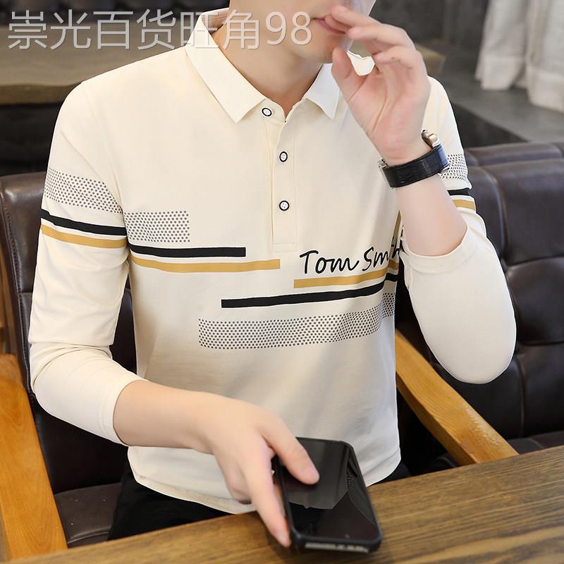 长袖t恤男士秋季中青年修身翻领上衣服中年格子polo衫衬衫领体恤
