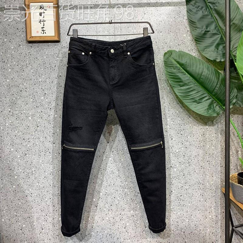 潮牌复古男士休闲小脚裤修身破洞拉链欧美风高品质微弹牛仔长裤子