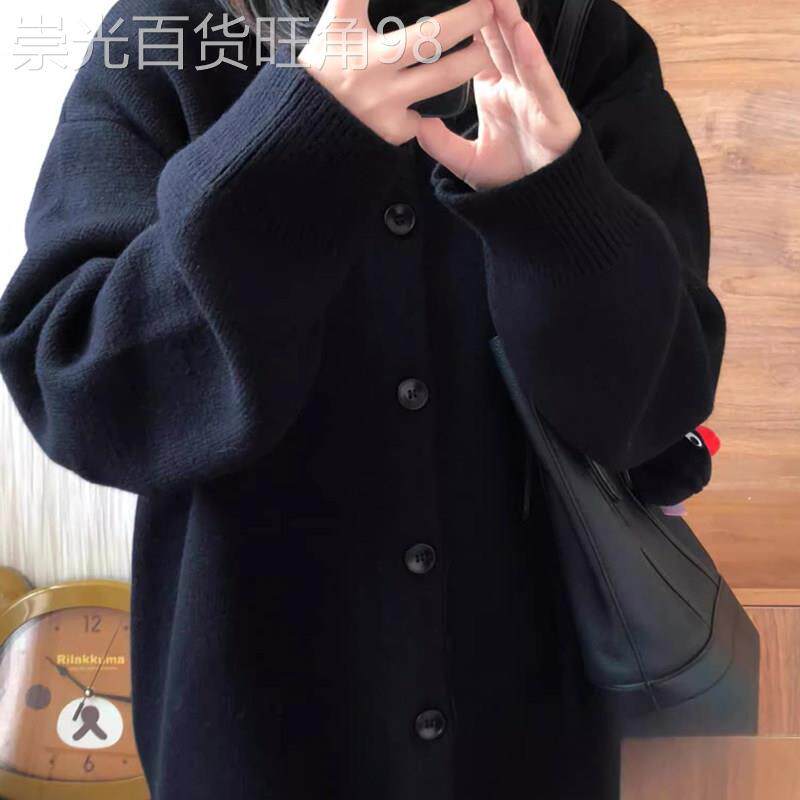 加厚开衫毛衣女士秋冬欧货上衣宽松慵懒外搭针织衫黑色高级感外套