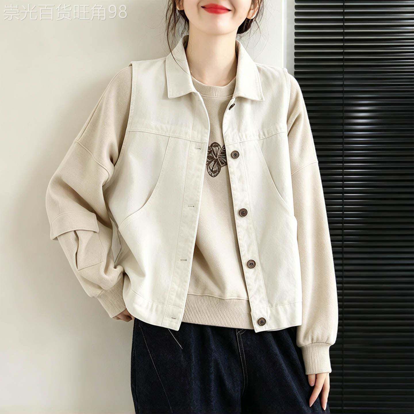 白色翻领无袖马甲女春秋欧货日系单排扣百搭开衫坎肩马夹外套上衣
