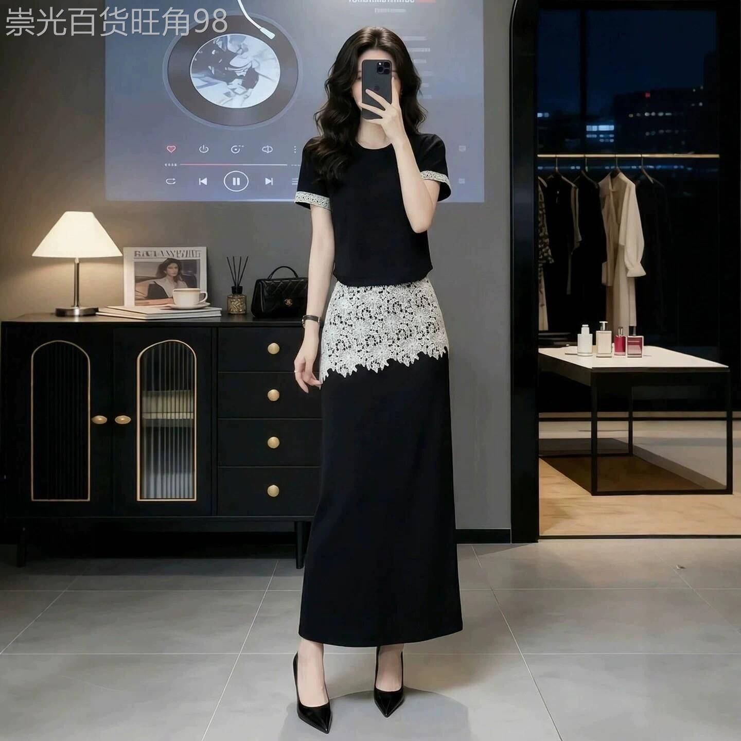 欧洲站黑色时尚休闲套装裙女2026新款夏季蕾丝拼接半身裙两件套潮