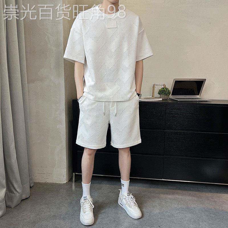 华夫格短袖套装男士夏季宽松半袖休闲 短裤搭配一套时尚男装两件