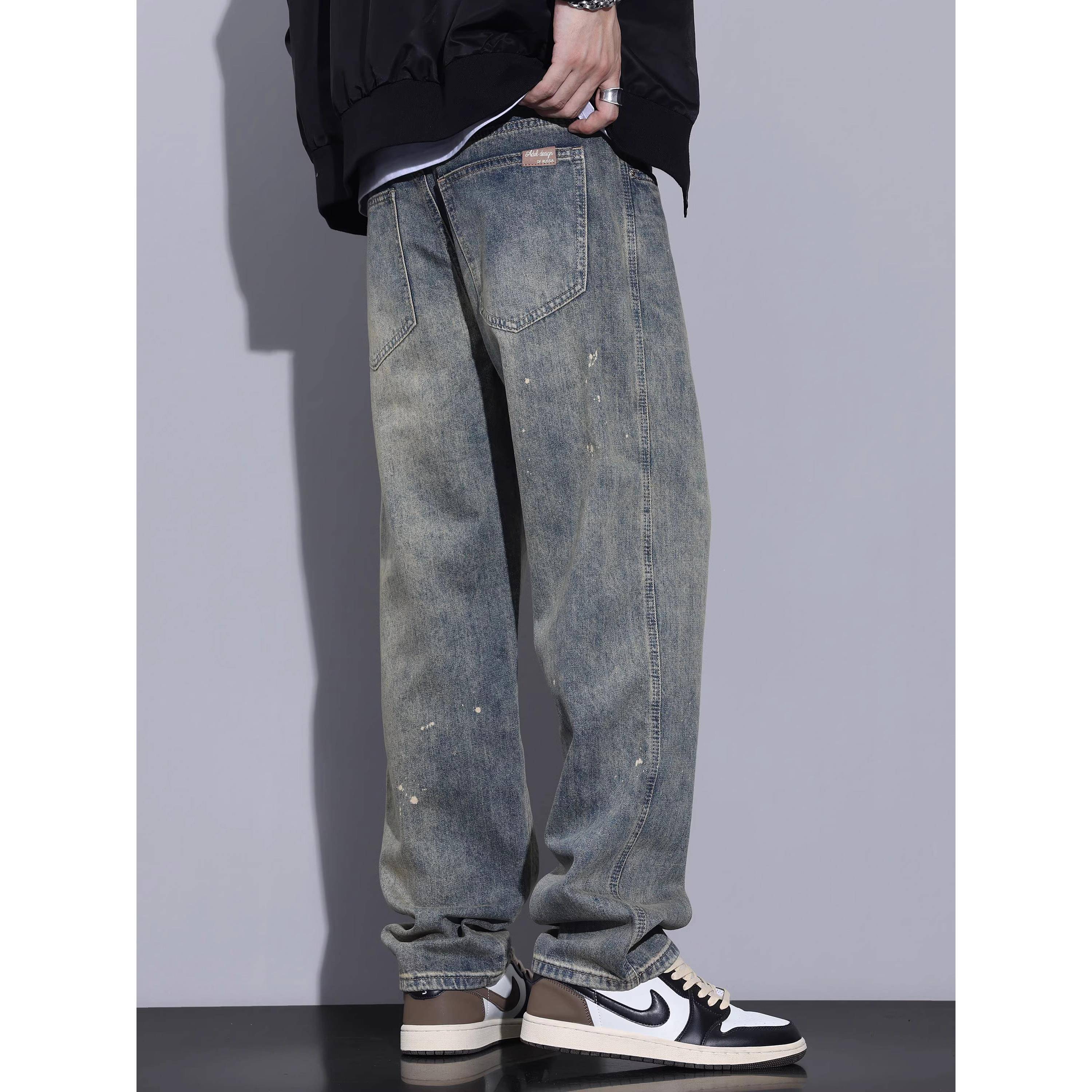 美式高街牛仔裤男秋冬新款潮牌水洗泼墨直筒裤男士宽松休闲阔腿裤