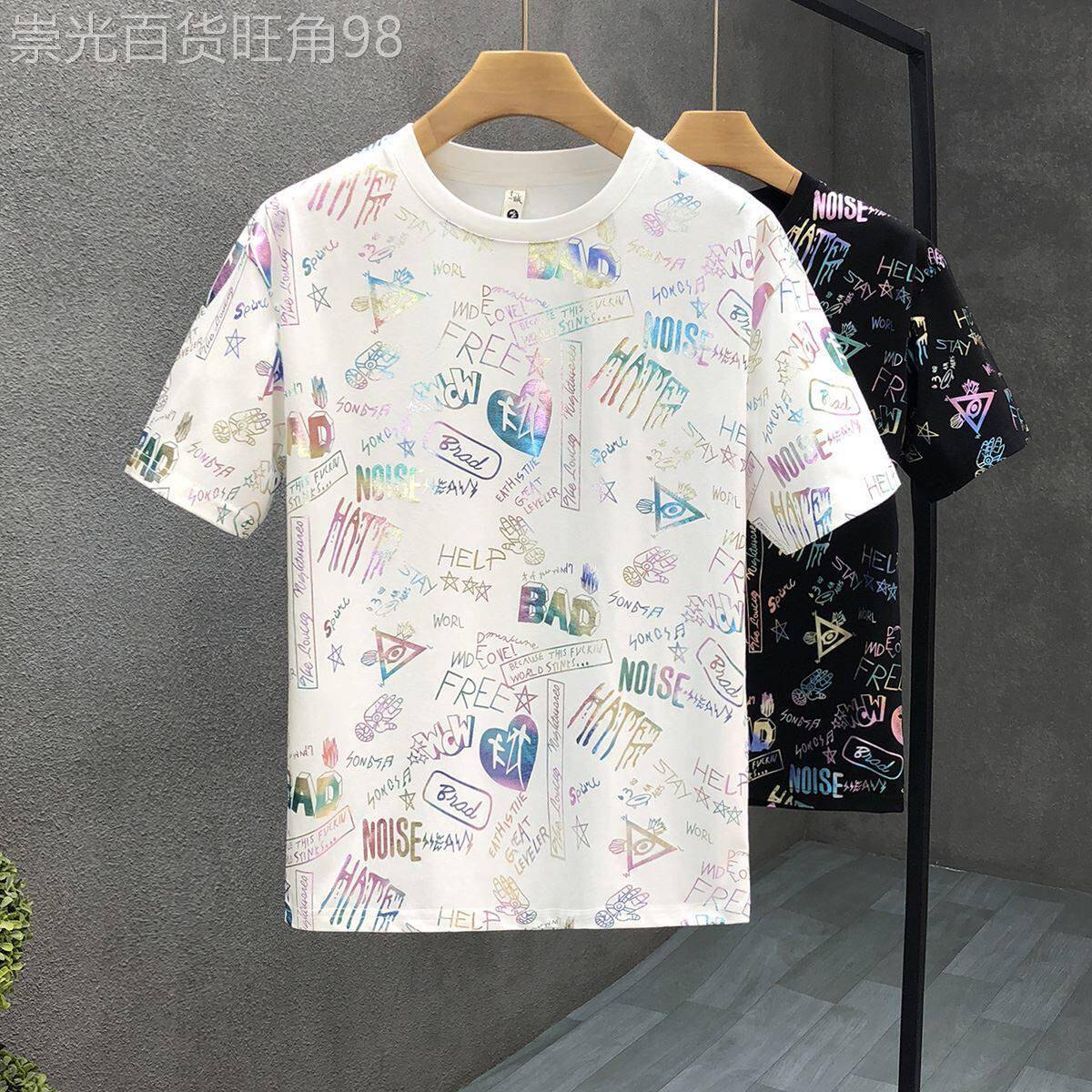 欧洲站潮牌个性烫金短袖t恤男夏季高端时尚潮流圆领休闲半截袖潮