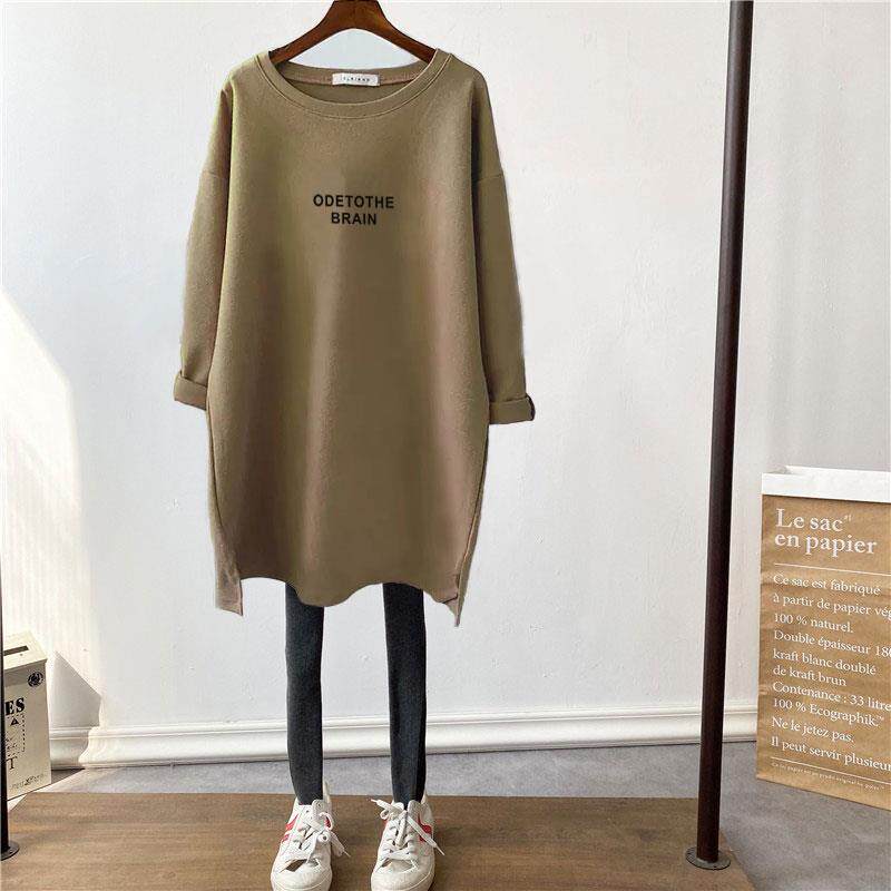 专柜咖色纯棉磨毛长袖t恤女秋季韩版宽松百搭中长款加厚打底上衣