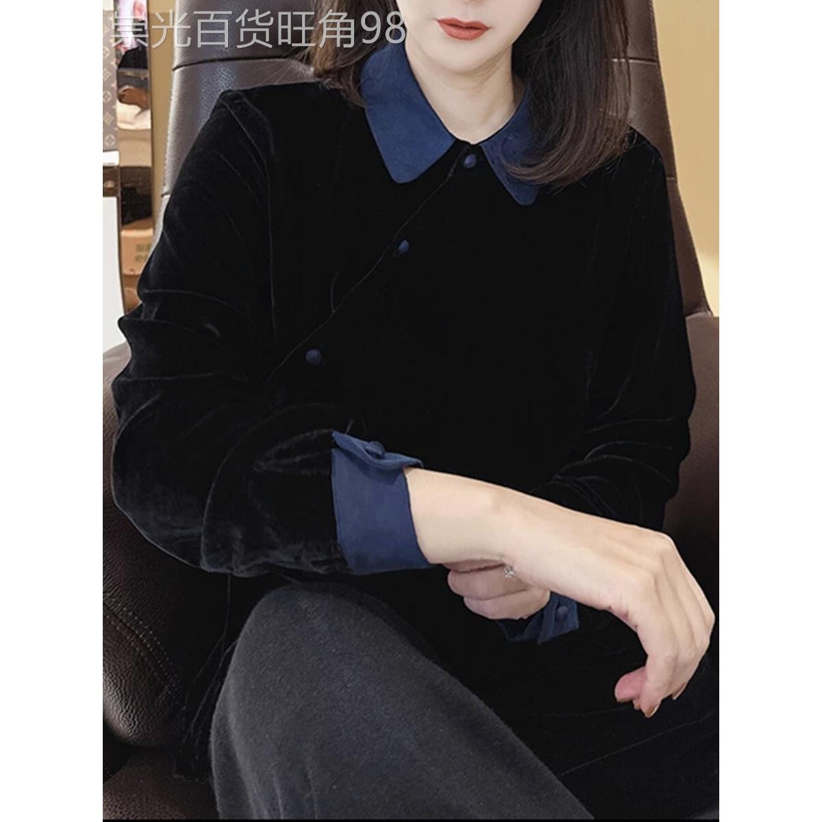 香港大码覆古气质娃娃领丝绒衬衫女黑色流行款国风新中式上衣春秋