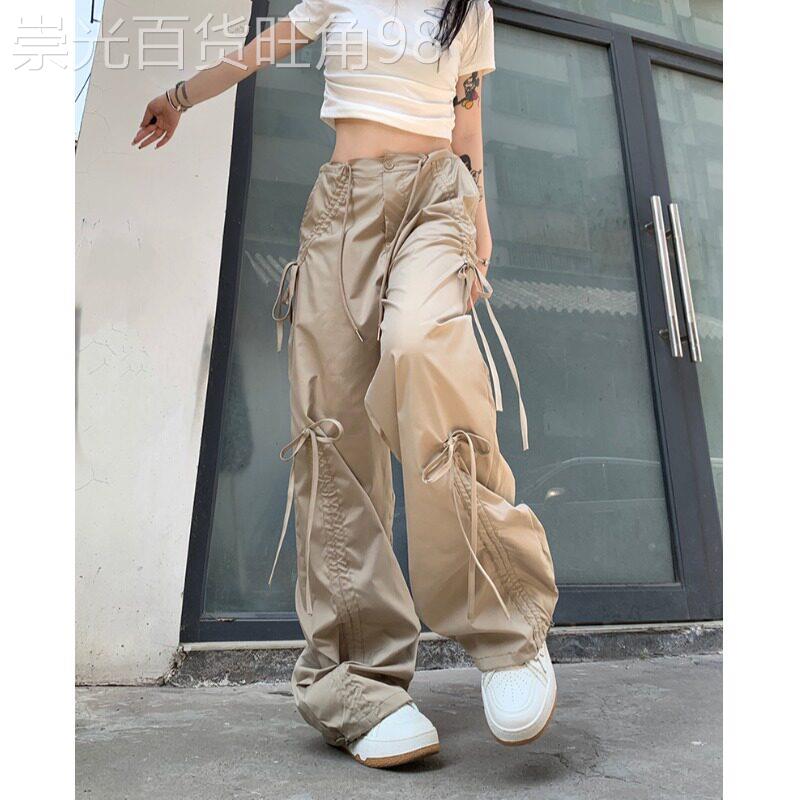 美式系带休闲工作服裤女夏季2026新款高腰显瘦宽松垂感阔腿拖地长