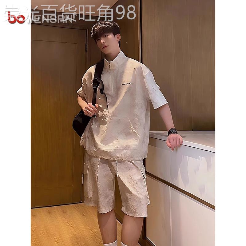 高端扎染半拉炼polo衫男士套装2026新款夏季痞帅短袖t恤一套男款
