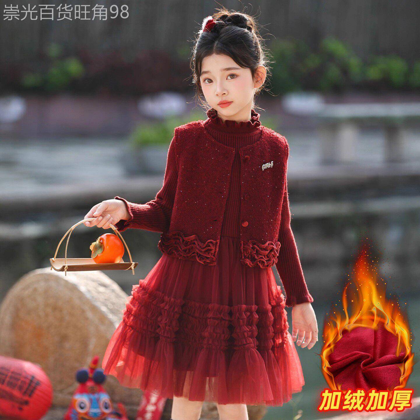 法国Uamtor女童洋装春秋新款中国风新年红色儿童裙子生日公主裙