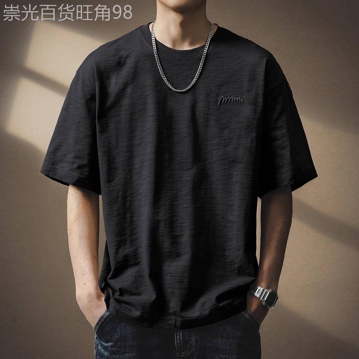 意大利夏季薄款黑色简约短袖t恤男士重磅宽松纯棉半袖体恤上衣男