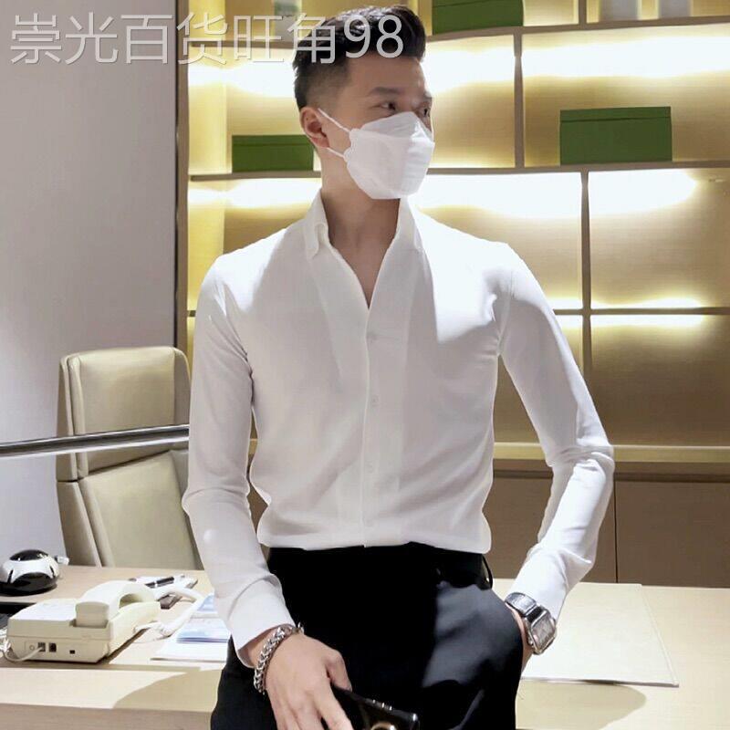 高级感V领修身长袖衬衫男休闲垂感抗皱衬衣2026春季新款韩版上衣