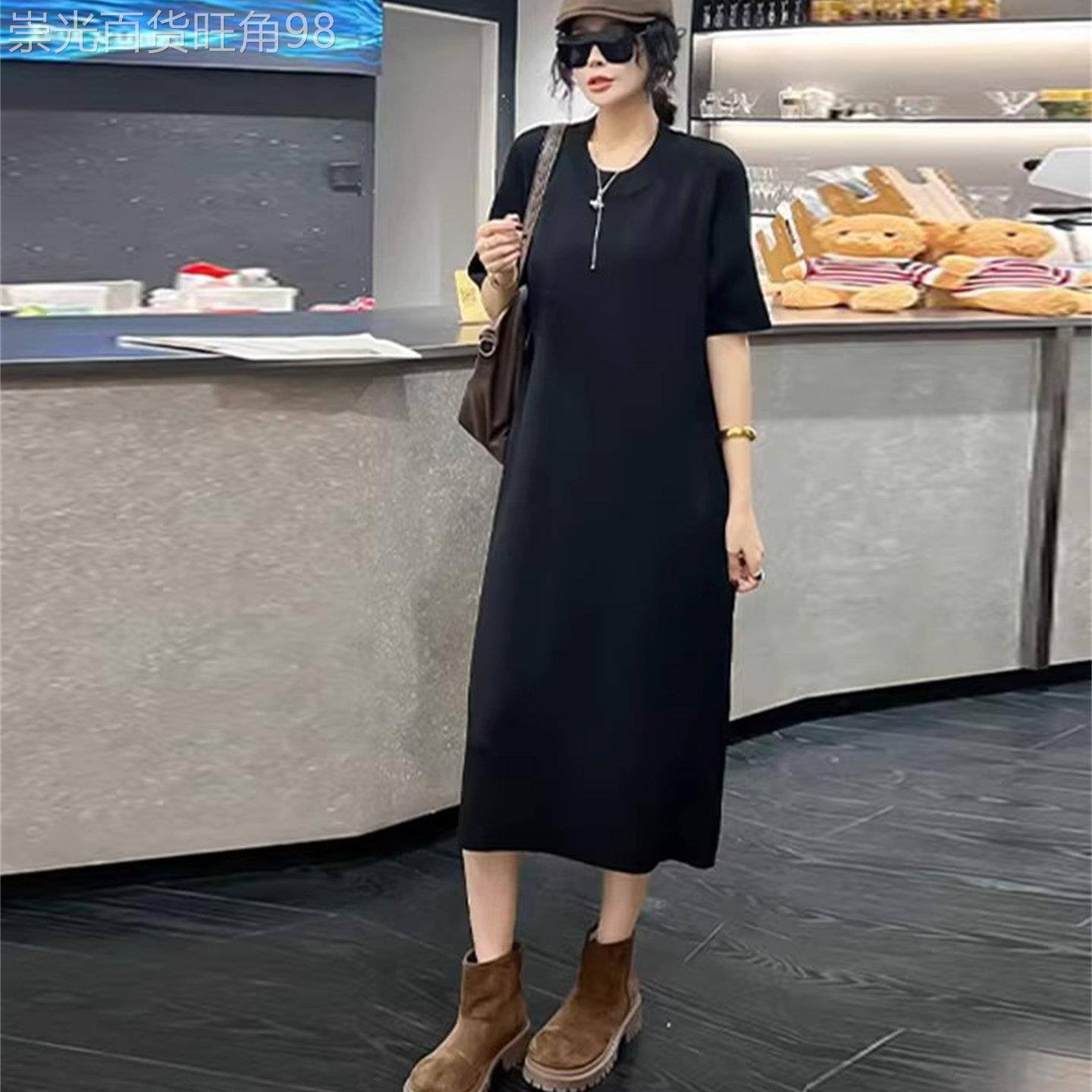 香港圆领短袖净版连衣裙胖妹妹宽松遮肚子长款简约黑色显瘦休闲裙