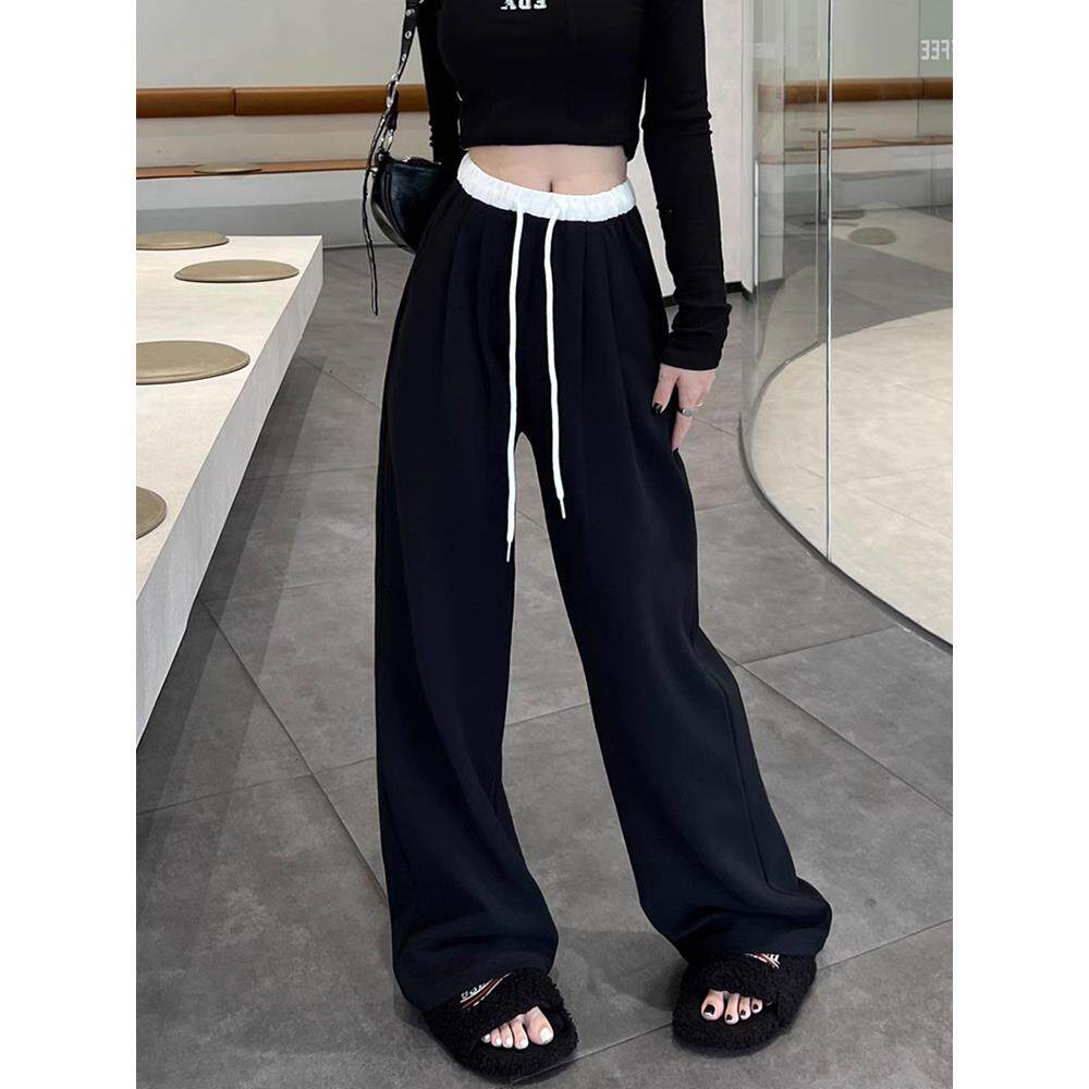 2025春秋新款阔腿运动裤女美式覆古拖地裤休闲卫裤垂感黑色直筒裤
