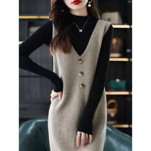 V领100纯羊毛衫连衣裙女秋冬马甲背心针织长款羊绒打底毛衣裙无袖