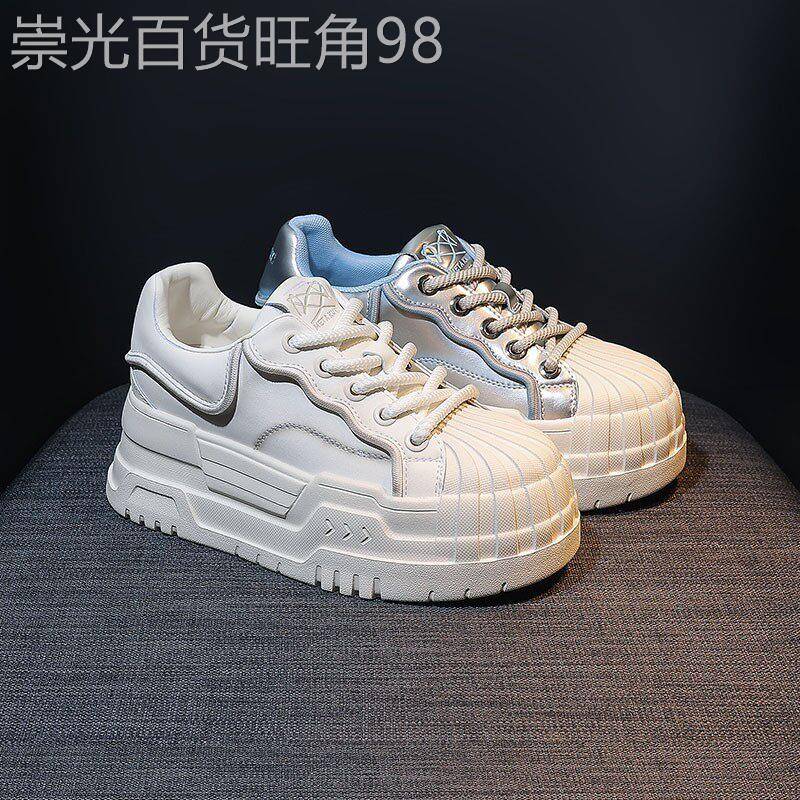 网红同款高跟防水台小白鞋2025年秋季厚底贝壳真皮松糕内增高女鞋