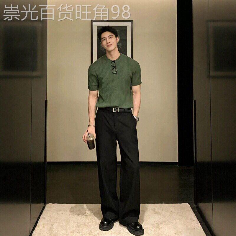 潮牌人夫感穿搭休闲套装男士高级感轻熟风针织短袖T恤西裤两件套