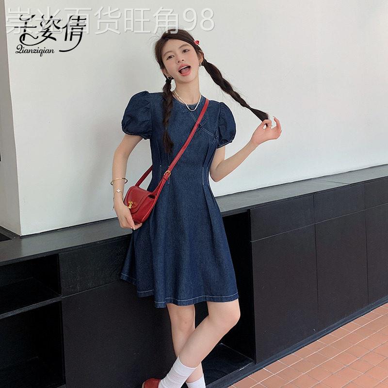 蓝色国风牛仔连衣裙2026新款女夏季小个子时尚复古修身设计感裙子