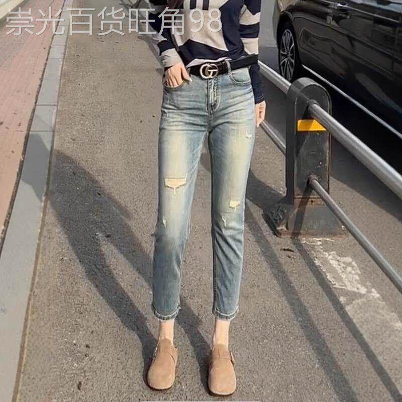破洞直筒牛仔裤女夏季薄款2026新款小个子高腰修身显瘦窄版烟管裤