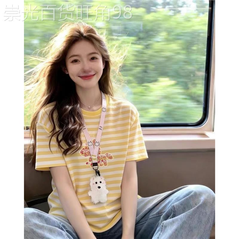 美式复古短袖t恤女夏季2026新款设计感小众黄色条纹宽松百搭上衣
