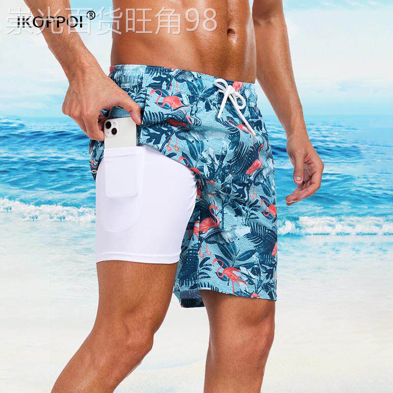 轻奢ins海边度假双层印花游泳裤沙滩裤男速干内衬防尴尬弹力短裤
