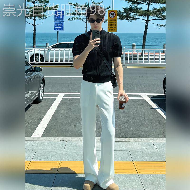 夏季韩系纯色针织短袖套装时尚简约微喇牛仔裤男生帅气穿搭两件套