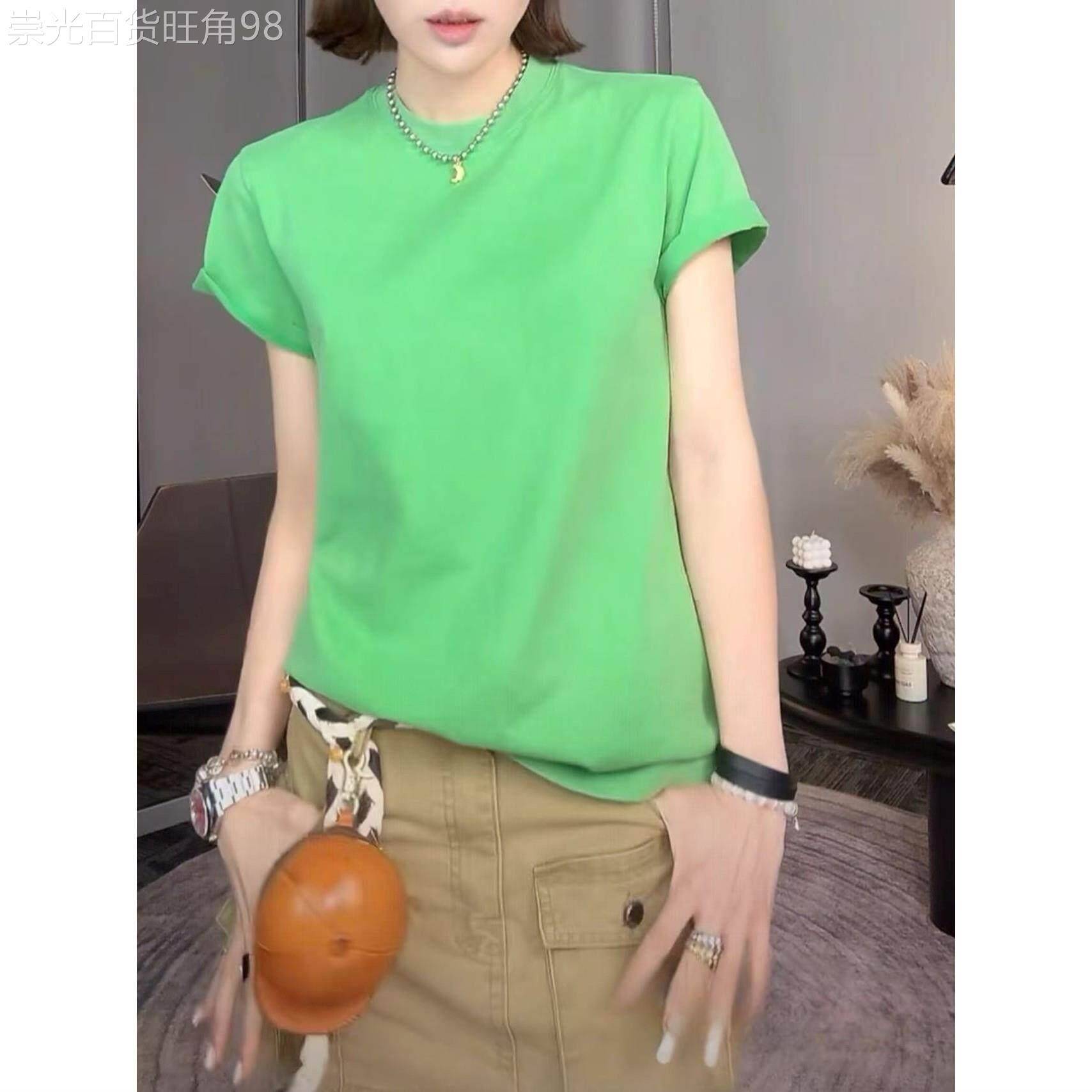 潮牌小清新时尚纯色圆领短袖T恤女夏季后背印花休闲百搭显瘦上衣